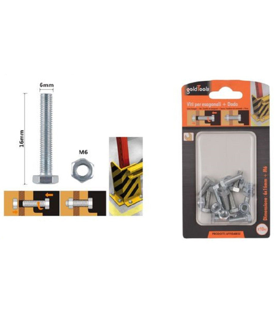 Set 10 Pz Vite Viti Per Esterno A Testa Esagonali 6x16mm Con Dadi Dado M6 90914         