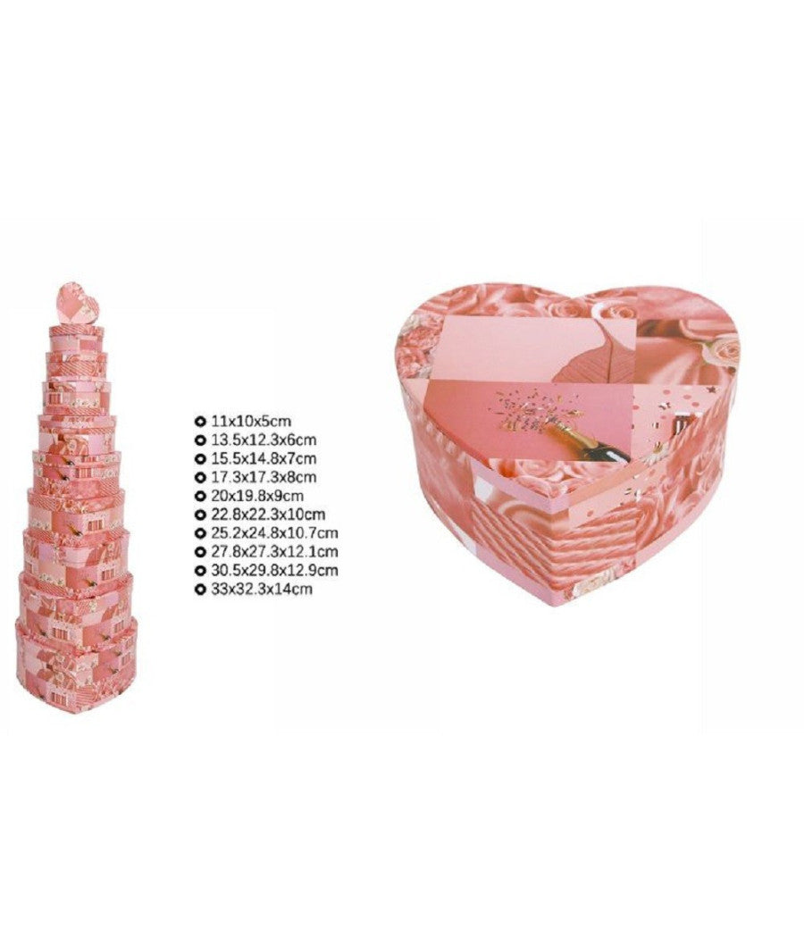 Set 10 Scatole Box Regali Varie Misure Matrioska Forma Cuore Fantasia Rosa 71964         