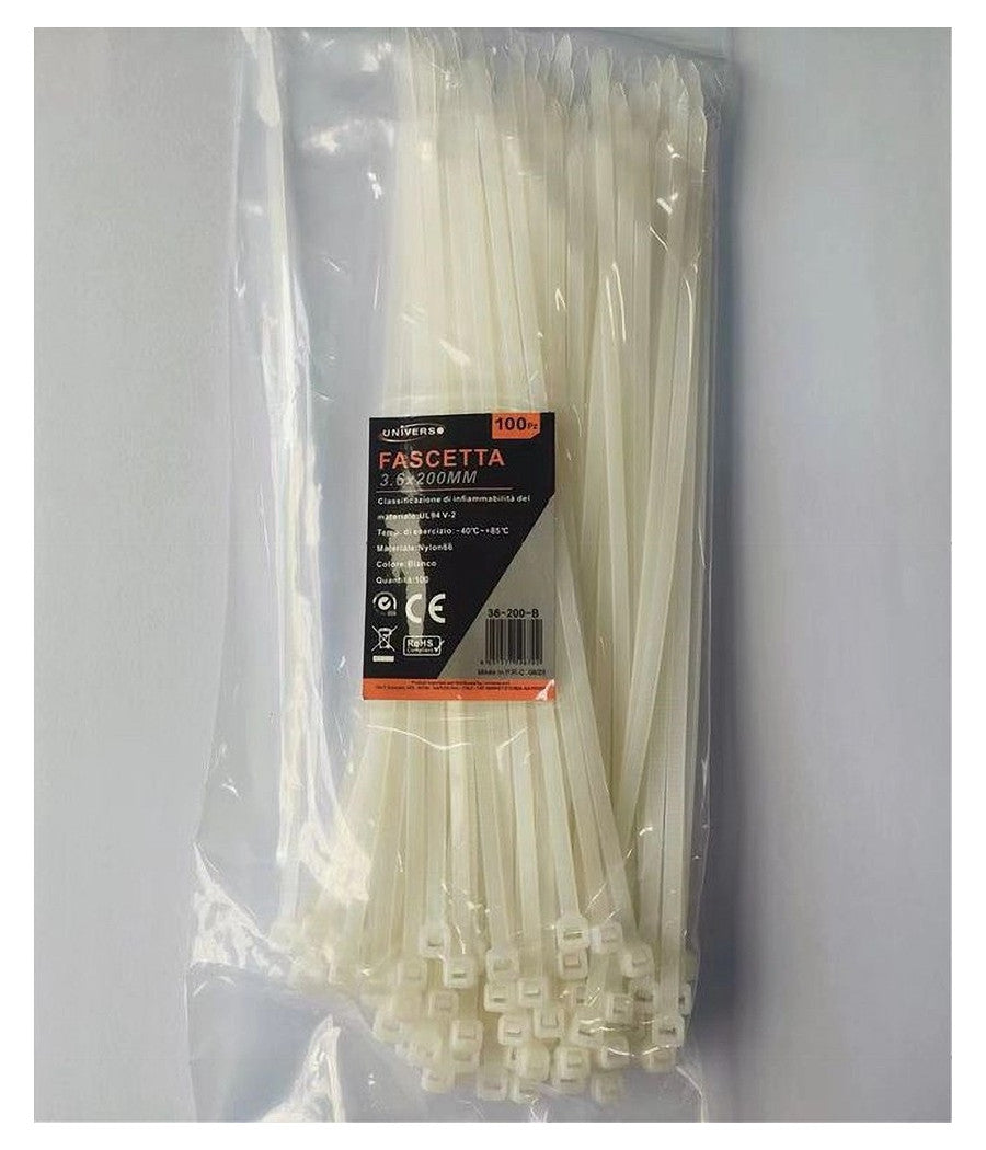 Set 100 Pz Fascette Serracavo Autobloccanti In Nylon Bianco 3.6 X 200mm 36-200-b         