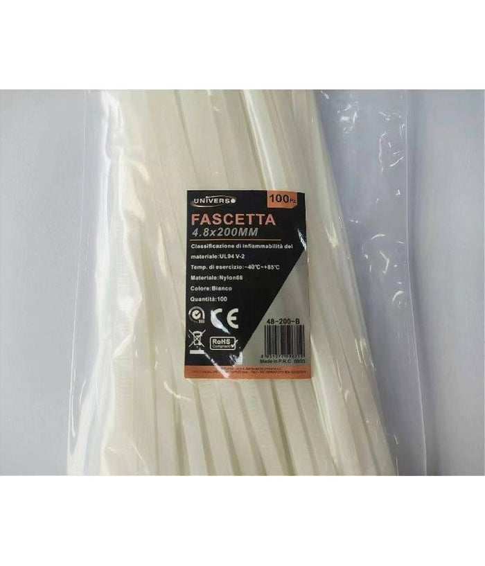 Set 100 Pz Fascette Serracavo Autobloccanti In Nylon Bianco 4.8x200 Mm 48-200-b         