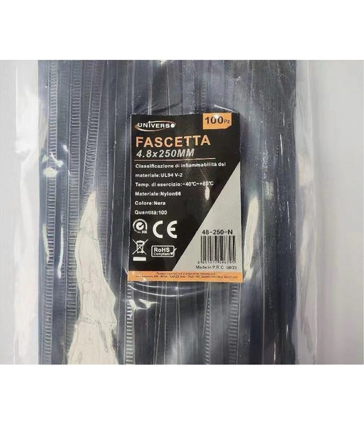 Set 100pz Fascette Serracavo Autobloccanti In Nylon Nero 4.8mm X 250mm 48-250-n         
