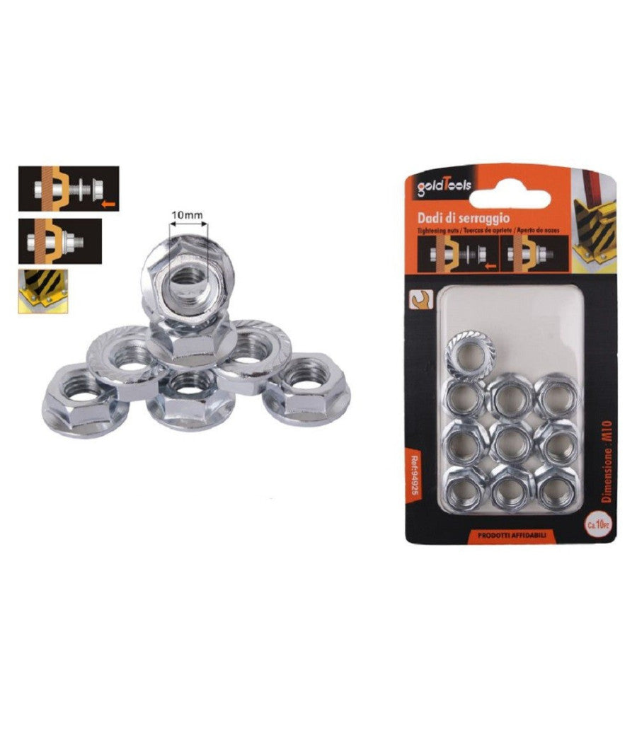 Set 10pz Dado Esagonale Flangiato Dadi Di Serraggio M10 Bulloni Vite 10mm 94925         