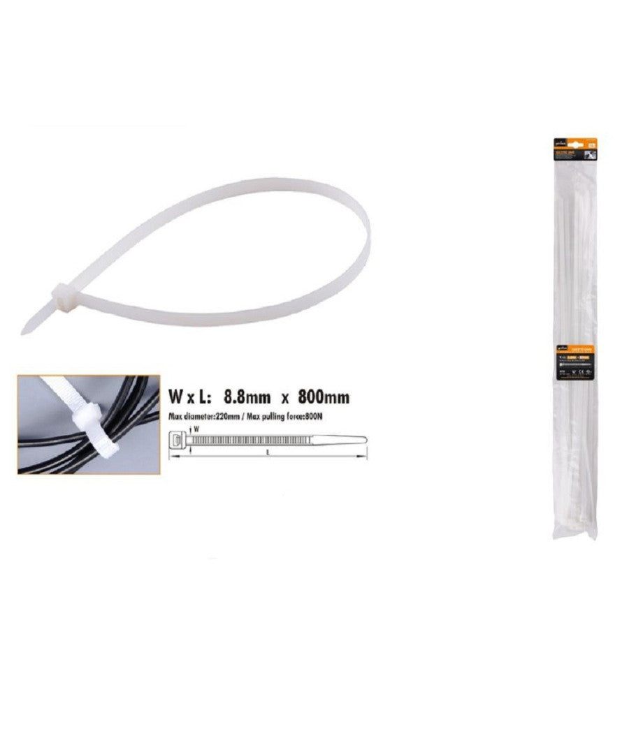 Set 10pz Fascette Cavi Cavo Bianco Stringenti In Plastica Nylon 8.8x800 Mm 92377         