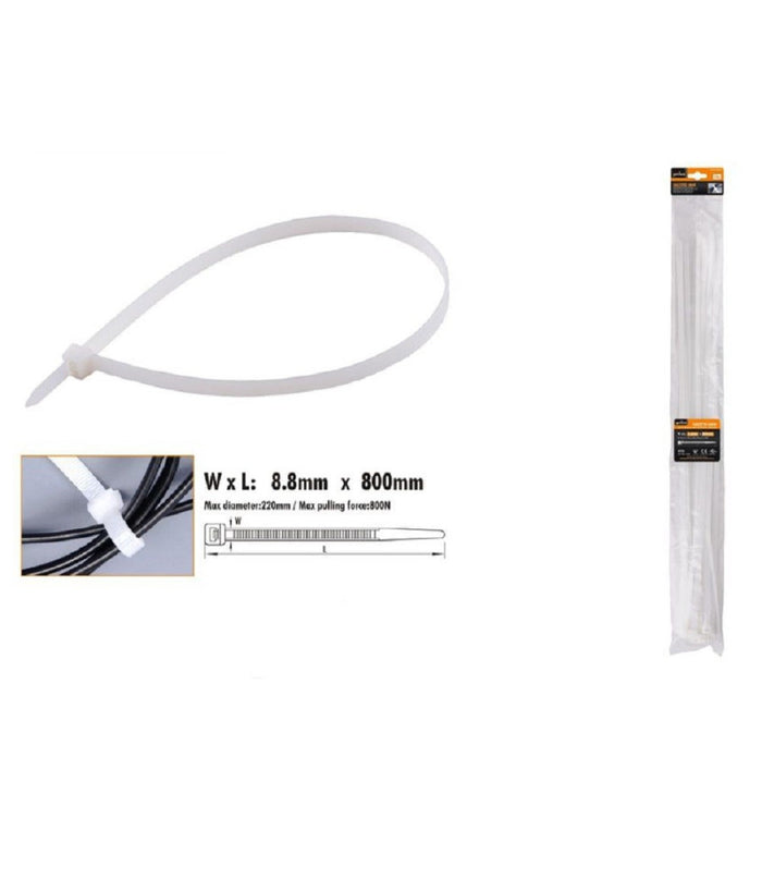 Set 10pz Fascette Cavi Cavo Bianco Stringenti In Plastica Nylon 8.8x800 Mm 92377         