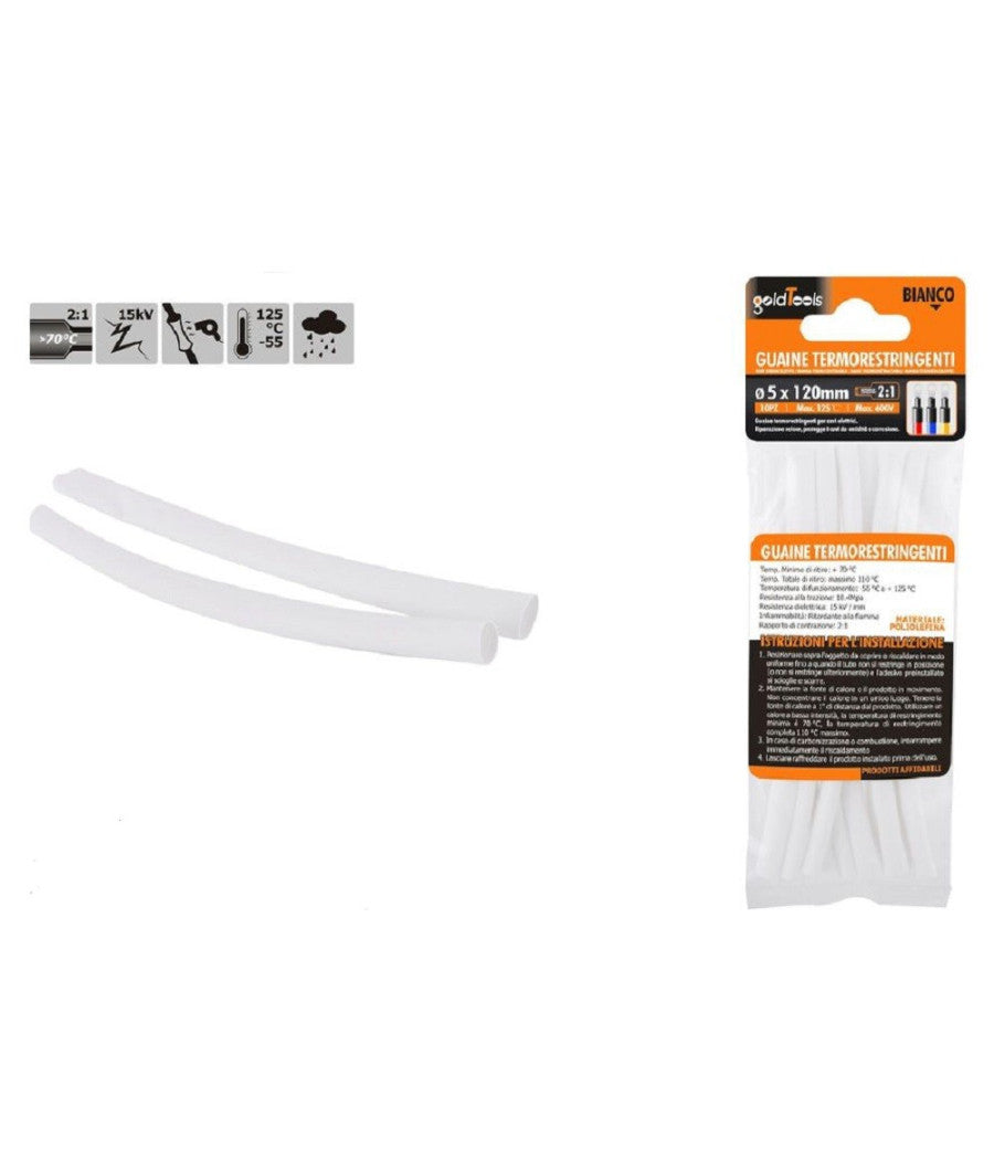 Set 10pz Guaine Termorestringenti Termoretrattili Bianche 5x120mm Per Cavi 57068         