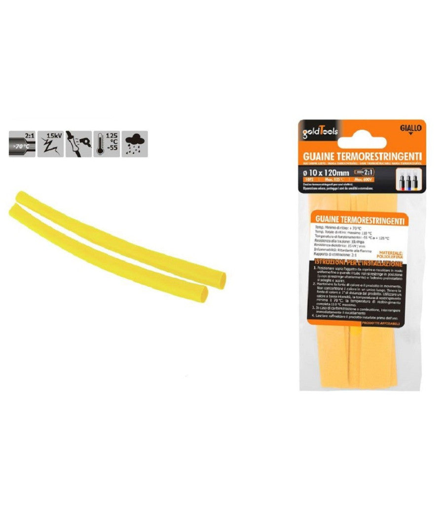 Set 10pz Guaine Termorestringenti Termoretrattili Gialle 10x120mm Per Cavi 57090         
