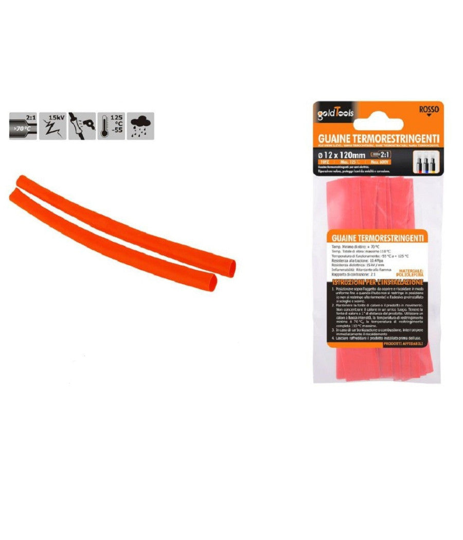Set 10pz Guaine Termorestringenti Termoretrattili Rosse 12x120mm Per Cavi 57086         