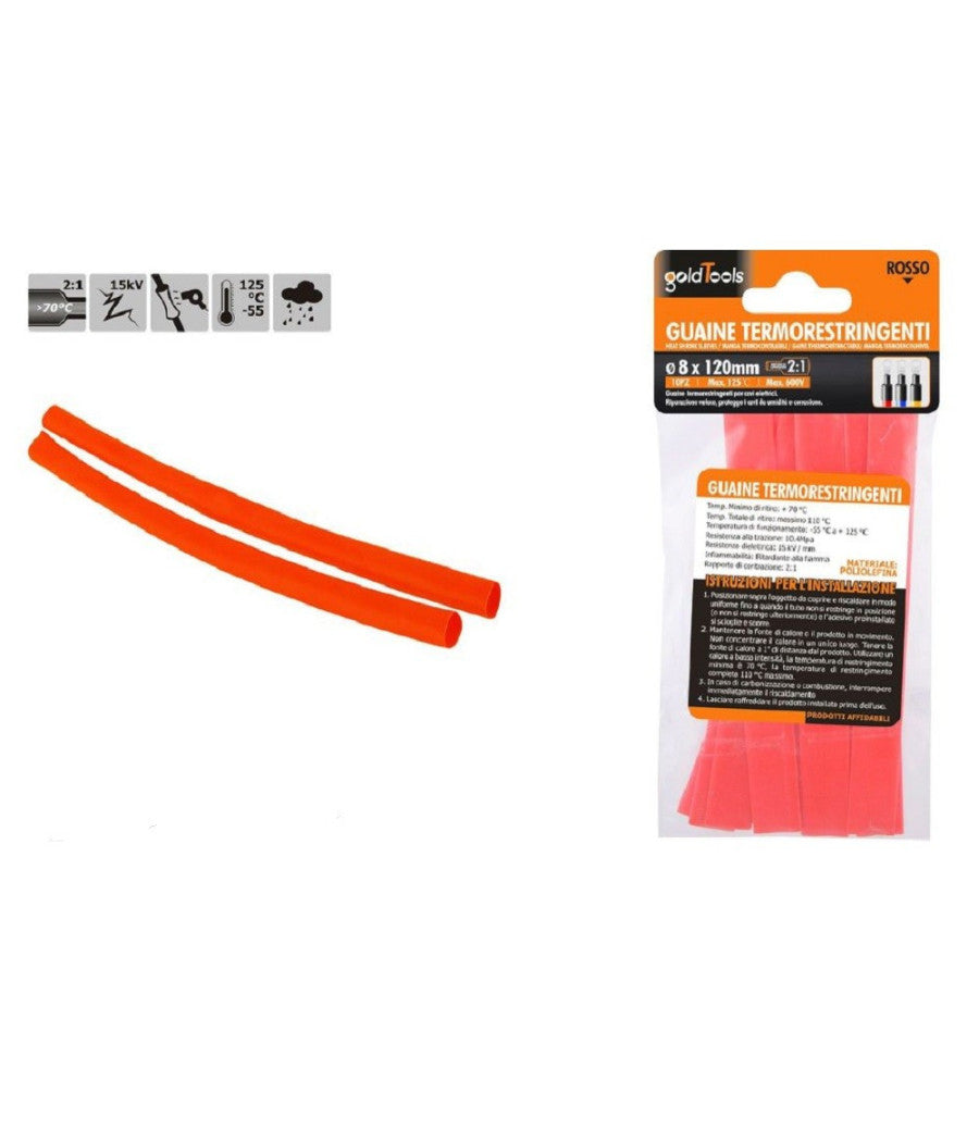 Set 10pz Guaine Termorestringenti Termoretrattili Rosse 8x120 Mm Per Cavi 57084         