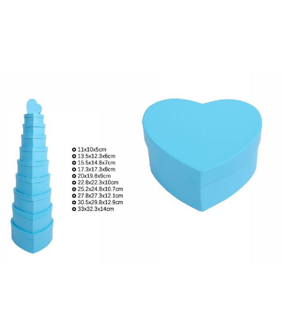 Set 10pz Scatole Box Per Regali Varie Misure Matrioska Forma Cuore Celeste 71956         