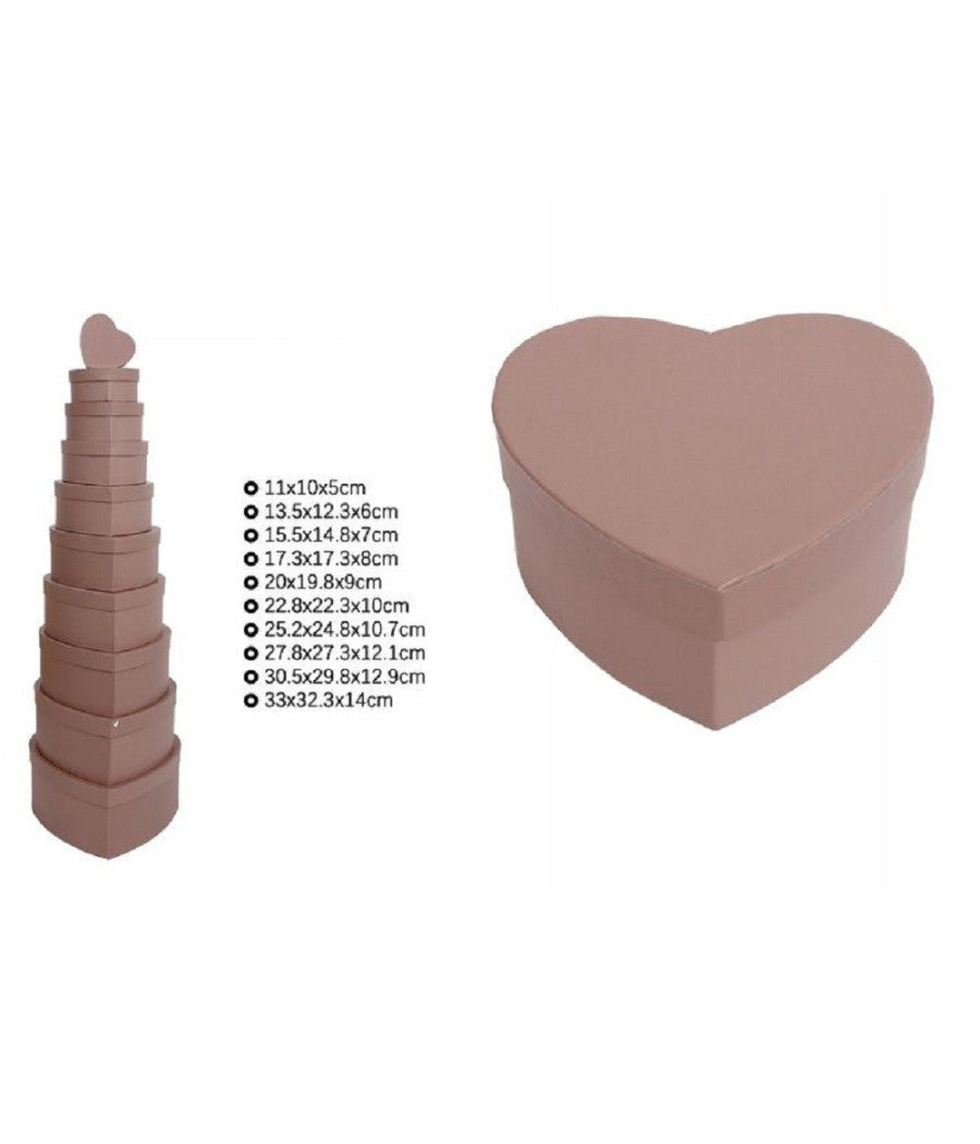 Set 10pz Scatole Box Per Regali Varie Misure Matrioska Forma Cuore Tortora 71961         
