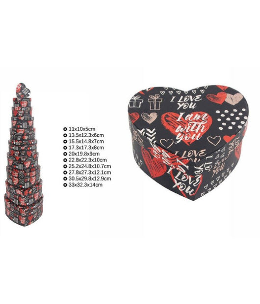 Set 10pz Scatole Box Regali Varie Misure Matrioska Forma Cuore Nera Scritte 71970         