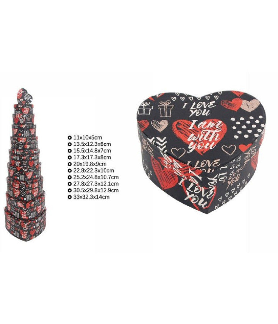 Set 10pz Scatole Box Regali Varie Misure Matrioska Forma Cuore Nera Scritte 71970         