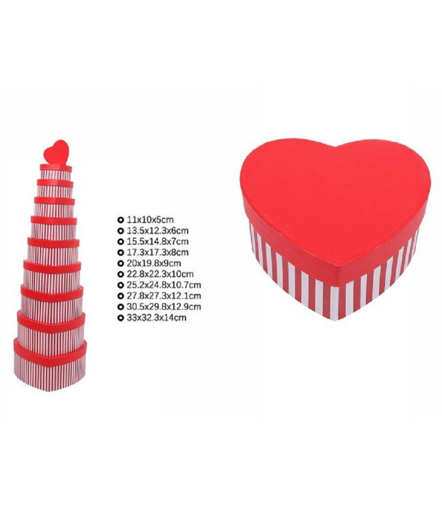 Set 10pz Scatole Box Regali Varie Misure Matrioska Forma Cuore Rosso Righe 71955         