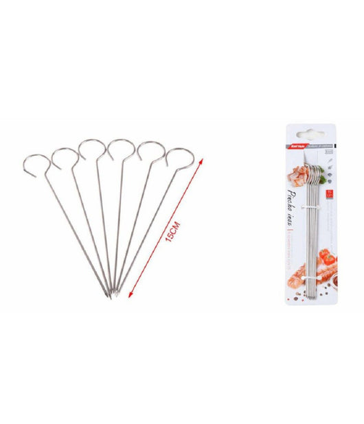 Set 10pz Spiedini In Acciaio Inox 15cm Impugnatura Ad Uncino Griglia Bbq 2406313         