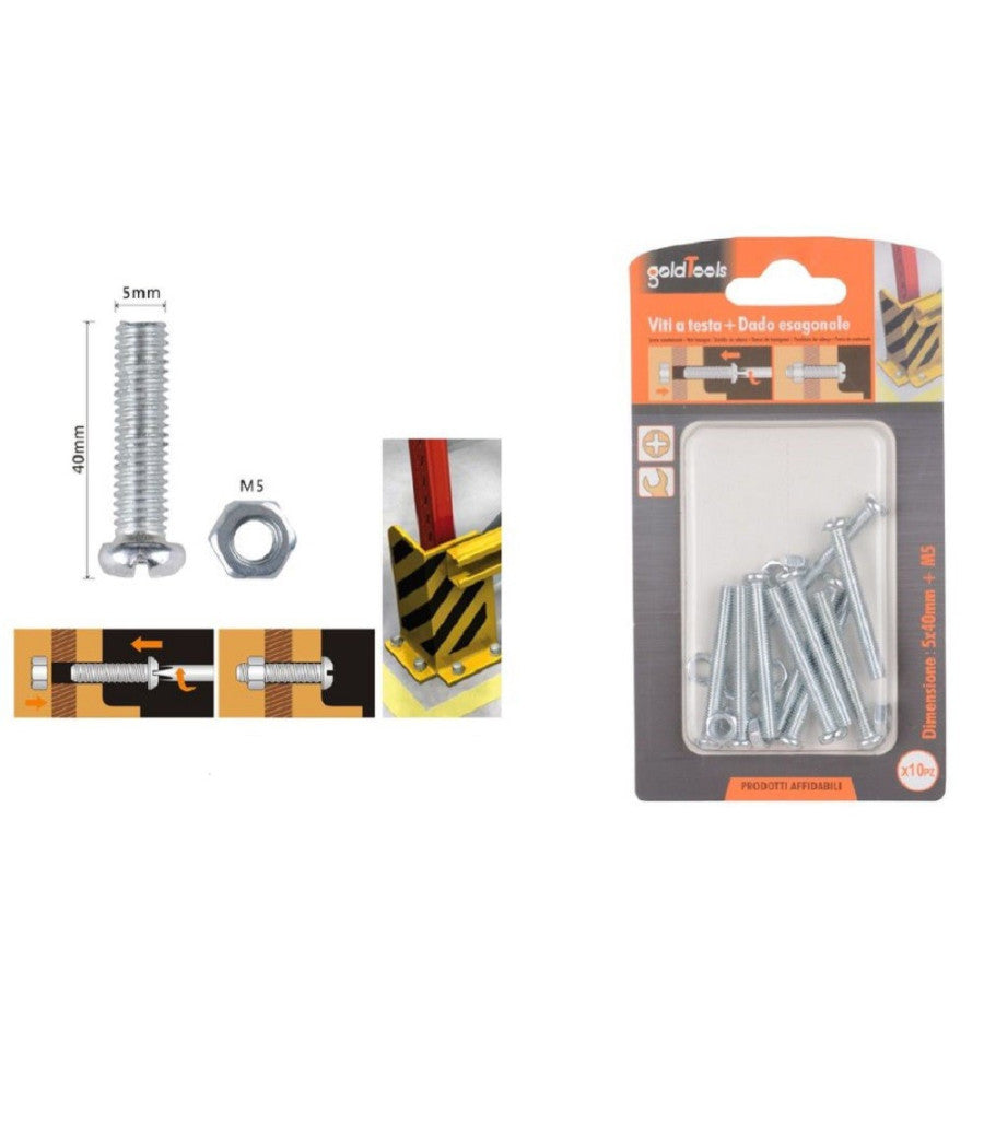 Set 10pz Viti Vite Testa A Croce Tonda 5 X 40mm Con Dadi Dado Esagonale M5 90971         