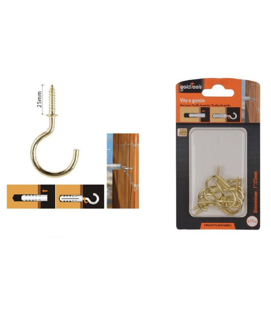 Set 11 Pezzi Vite A Gancio 1" / 25 Mm Viti Autofilettanti Dorate Per Legno 90807         