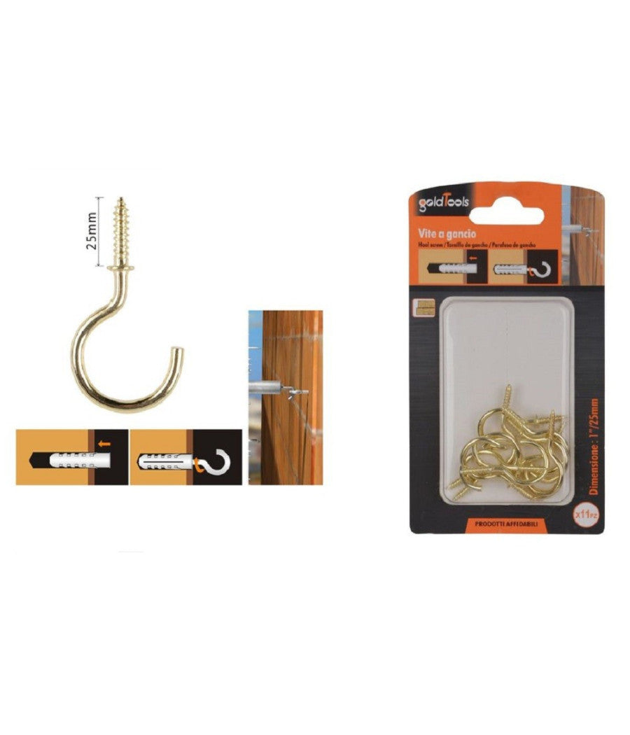 Set 11 Pezzi Vite A Gancio 1" / 25 Mm Viti Autofilettanti Dorate Per Legno 90807         