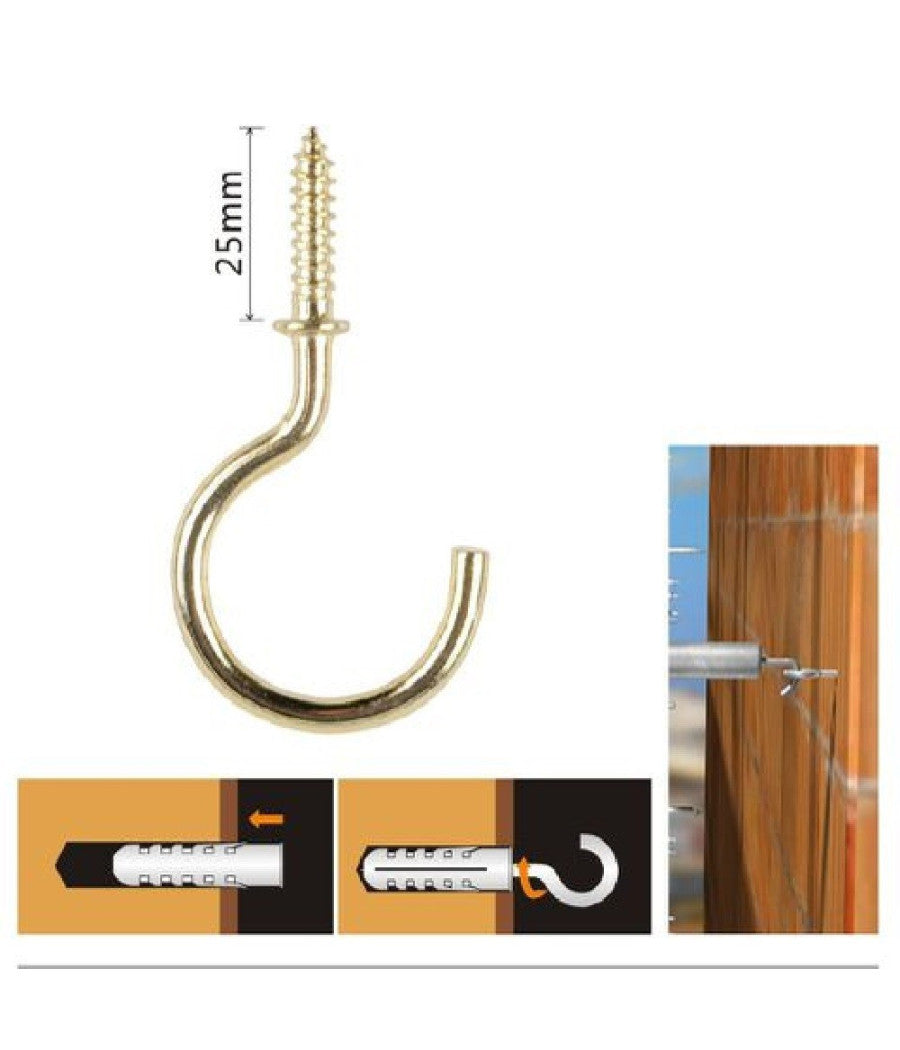 Set 11 Pezzi Vite A Gancio 1" / 25 Mm Viti Autofilettanti Dorate Per Legno 90807         