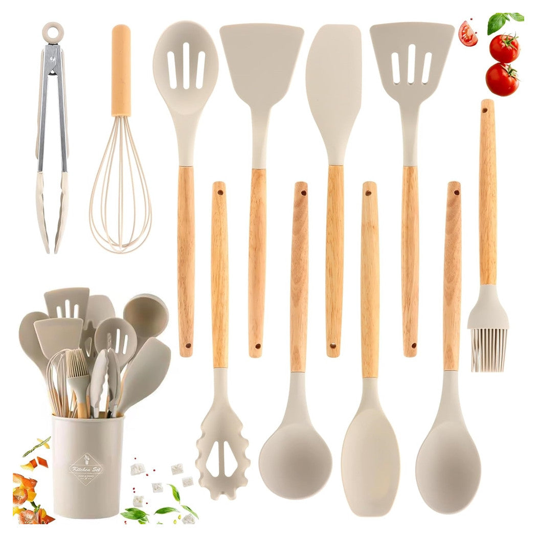 Trade Shop - Set 12 Attrezzi Cucina In Silicone Antiaderente Con Porta Utensili Manico In Legno         