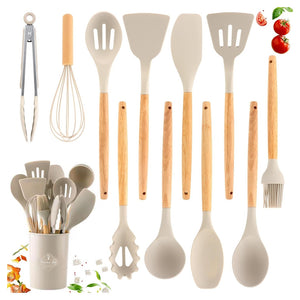 Trade Shop - Set 12 Attrezzi Cucina In Silicone Antiaderente Con Porta Utensili Manico In Legno         