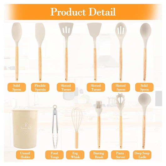 Trade Shop - Set 12 Attrezzi Cucina In Silicone Antiaderente Con Porta Utensili Manico In Legno         