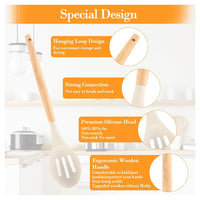 Trade Shop - Set 12 Attrezzi Cucina In Silicone Antiaderente Con Porta Utensili Manico In Legno         
