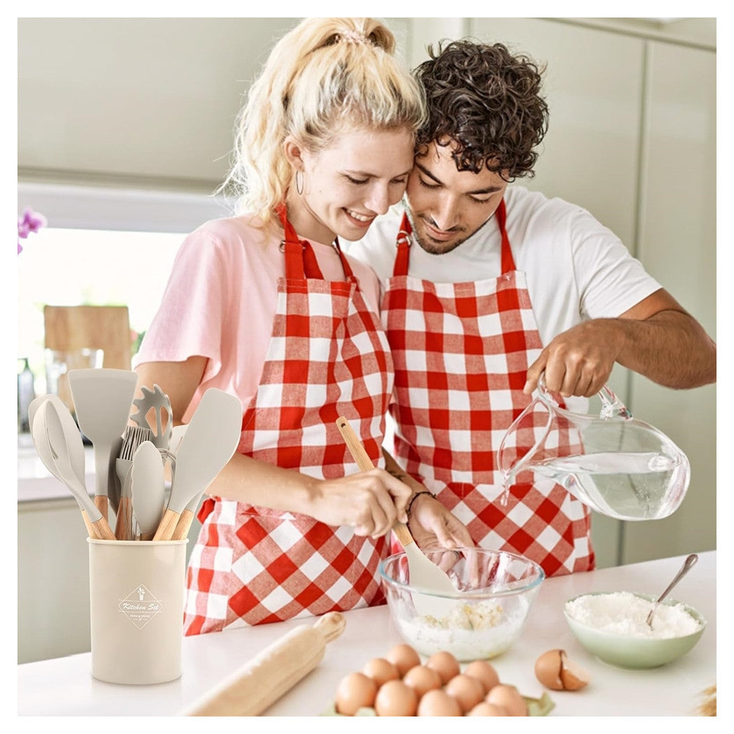 Trade Shop - Set 12 Attrezzi Cucina In Silicone Antiaderente Con Porta Utensili Manico In Legno         