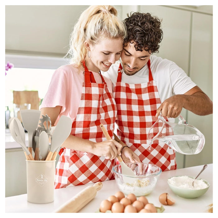 Trade Shop - Set 12 Attrezzi Cucina In Silicone Antiaderente Con Porta Utensili Manico In Legno         