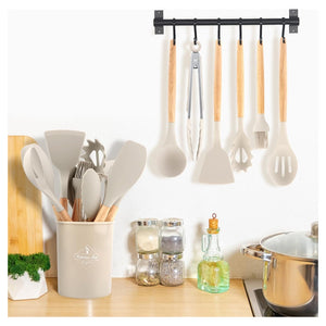 Trade Shop - Set 12 Attrezzi Cucina In Silicone Antiaderente Con Porta Utensili Manico In Legno         