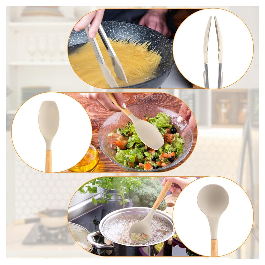 Trade Shop - Set 12 Attrezzi Cucina In Silicone Antiaderente Con Porta Utensili Manico In Legno         