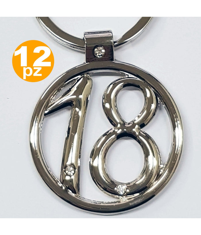 Set 12 Bomboniera Bomboniere Acciaio Brillantini 18 Anni Compleanno Portachiavi         
