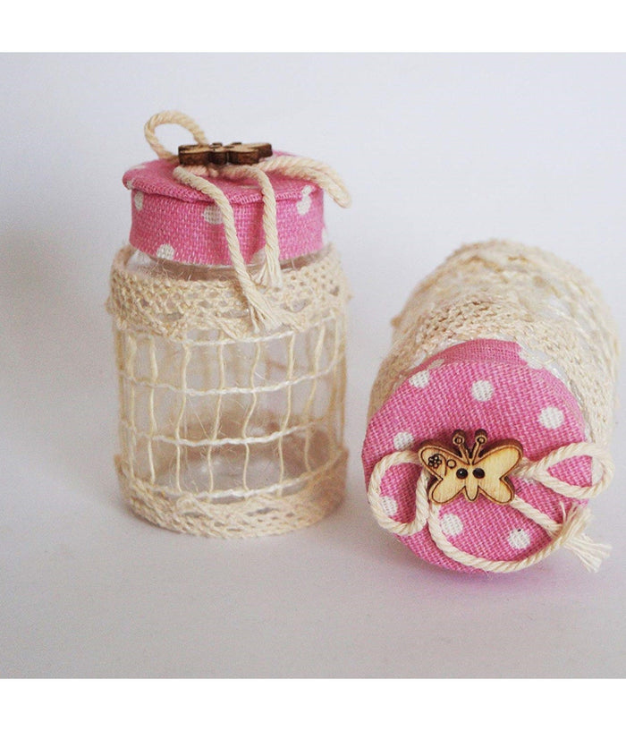 Set 12 Bomboniera Bomboniere Barattolo Rosa Pois 4x6.5cm Farfalla Portaconfetti         