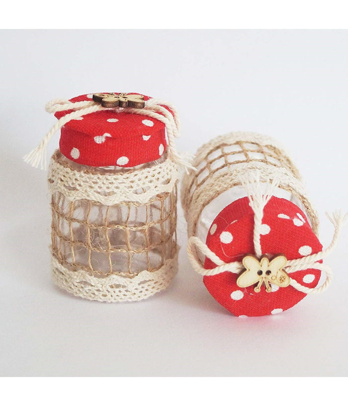 Set 12 Bomboniera Bomboniere Barattolo Rosso Pois 4x6.5cm Farfalla Portaconfetti         