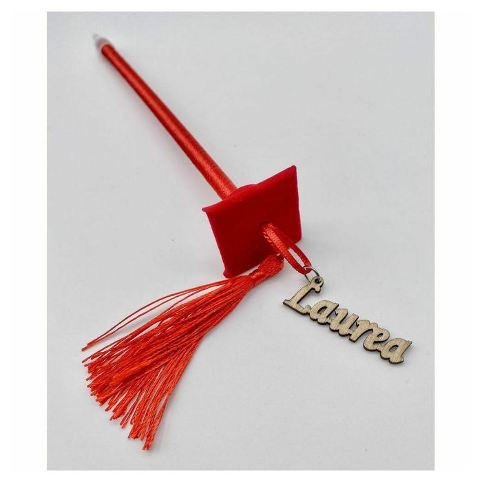 Trade Shop - Set 12 Bomboniera Laurea Penna A Sfera Rossa Rosso Con Applicazione Legno Tocco -