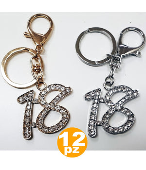 Set 12 Bomboniera Oro Argento Brillantini 18 Anni Compleanno Portachiavi Chiave         