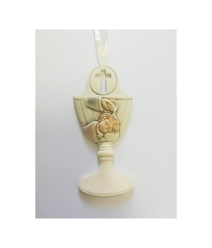 Set 12 Bomboniere Battesimo Bambina Calice Acqua Santa Bianco Ceramica Appendino         