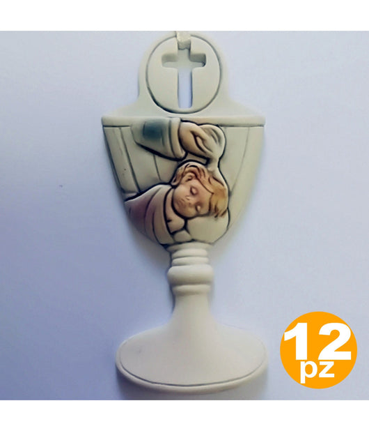 Set 12 Bomboniere Battesimo Bambina Calice Acqua Santa Bianco Ceramica Appendino         