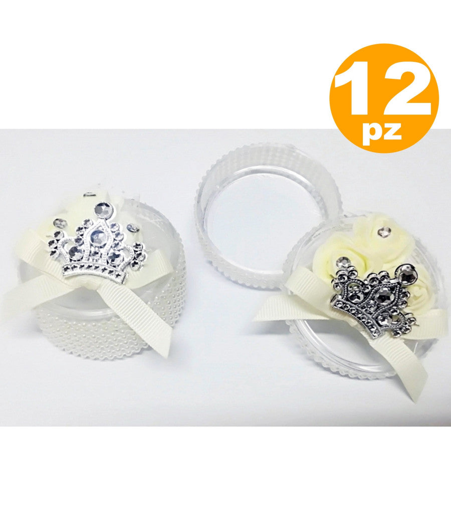 Set 12 Bomboniere Scatola Corona Rosa Bianca Perle 6x3cm Portaconfetti Matrimoni         