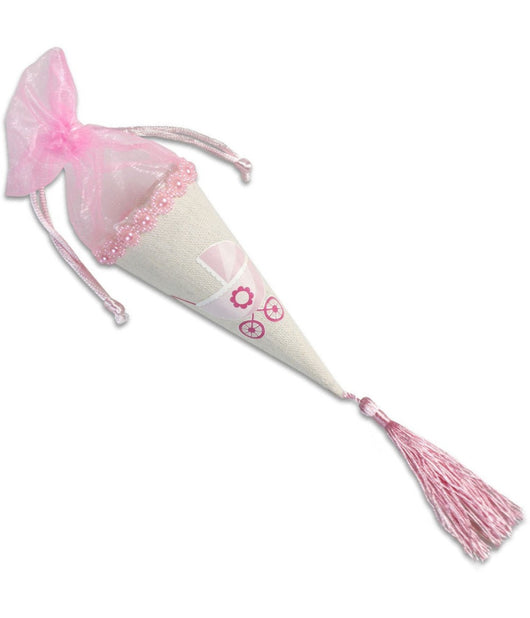 Set 12 Coni Porta Confetti Bomboniera Per Nascita Battesimo Bimba Femmina Rosa         