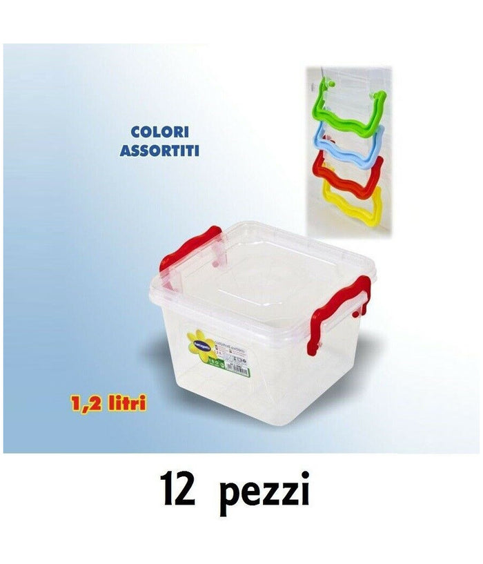 Set 12 Contenitori Plastica 1200ml Cibo Alimenti Frigorifero Quadrati Manici         