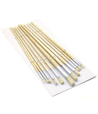 Set 12 Pennelli Pennello Punta Tonda Manico Legno Lungo Pittura Arte Decoupage         