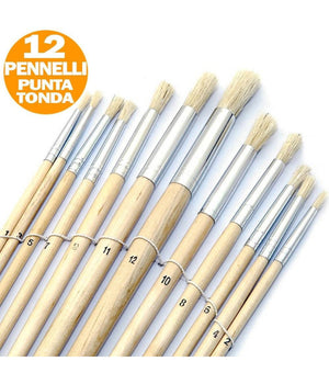 Set 12 Pennelli Pennello Punta Tonda Manico Legno Lungo Pittura Arte Decoupage         
