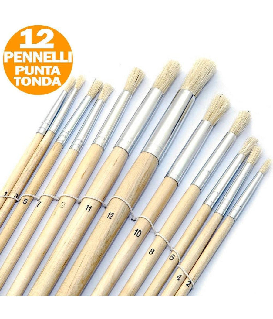 Set 12 Pennelli Pennello Punta Tonda Manico Legno Lungo Pittura Arte Decoupage         