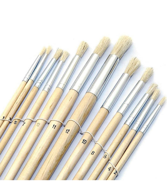 Set 12 Pennelli Pennello Punta Tonda Manico Legno Lungo Pittura Arte Decoupage         