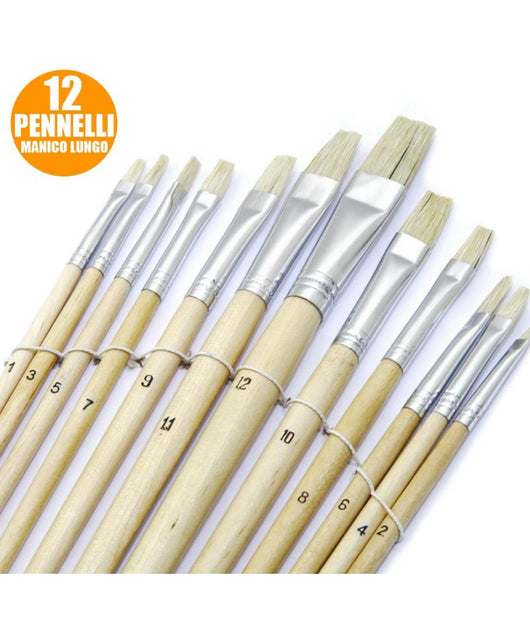 Set 12 Pennelli Piatti Manico Legno Lungo Spessore 1-12mm Hobby Pittura         
