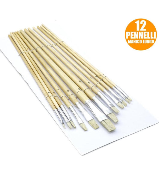 Set 12 Pennelli Piatti Manico Legno Lungo Spessore 1-12mm Hobby Pittura         