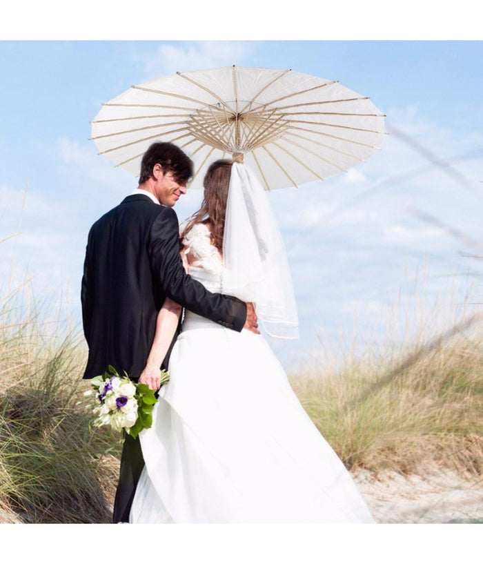 Set 12 Pezzi Ombrello Bambu Bianco 15 Cm Carta Legno Sposa Wedding Ombrellino         