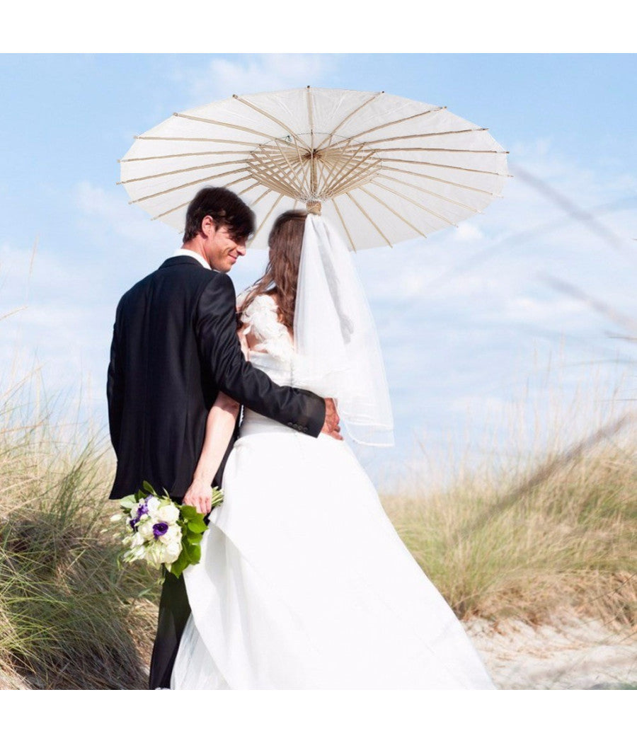 Set 12 Pezzi Ombrello Bambu Bianco 15 Cm Carta Legno Sposa Wedding Ombrellino         