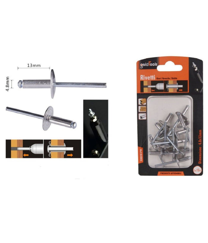 Set 12 Pezzi Rivetti Rivetto 4.8 X 13mm Accessori Per Bricolage Ferramenta 94981         