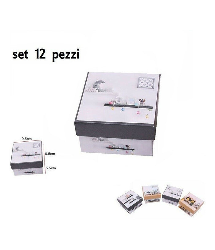 Set 12 Pezzi Scatola Box Confezione Regalo Quadrate Fantasia 9.5x9.5x5.5cm         